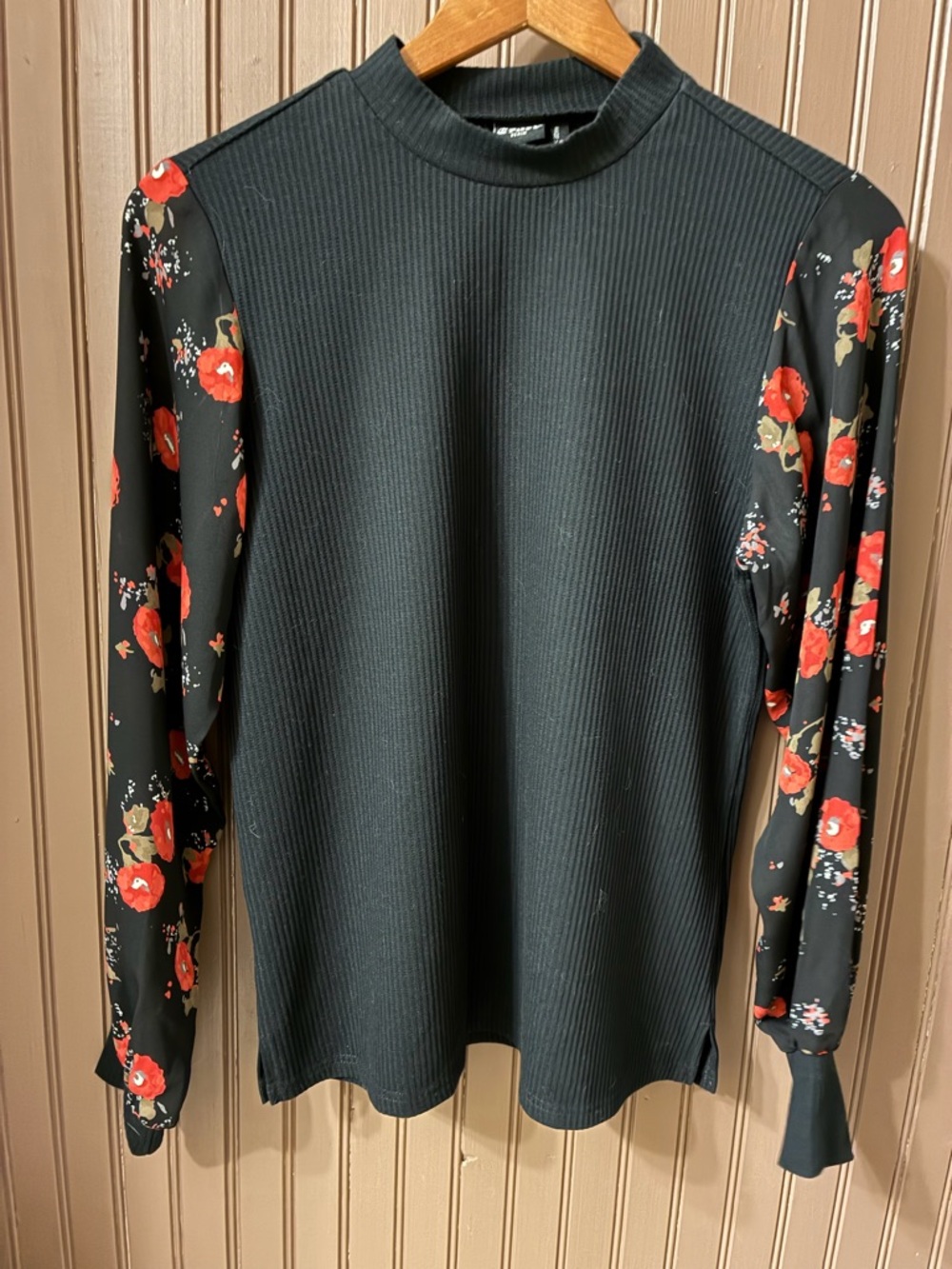 Cruel Girl Black Ribbed Top with Red Floral Sleeves